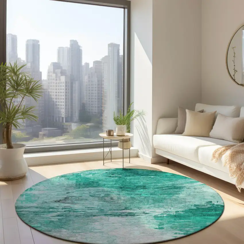 8' Teal Blue Aqua And Silver Round Abstract Washable Indoor Outdoor Area Rug Photo 6