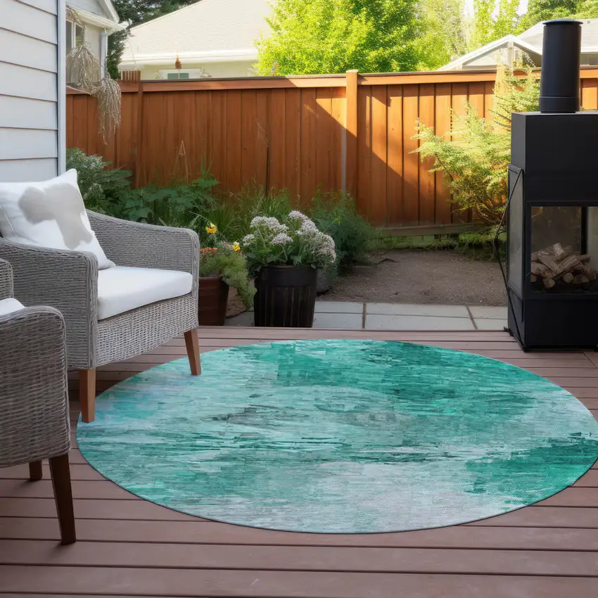 8' Teal Blue Aqua And Silver Round Abstract Washable Indoor Outdoor Area Rug Photo 5