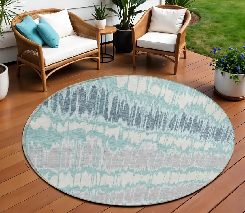 8' Teal Blue Aqua And Silver Round Striped Washable Indoor Outdoor Area Rug Photo 1
