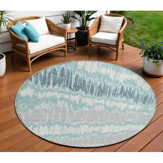 8' Teal Blue Aqua And Silver Round Striped Washable Indoor Outdoor Area Rug Photo 1