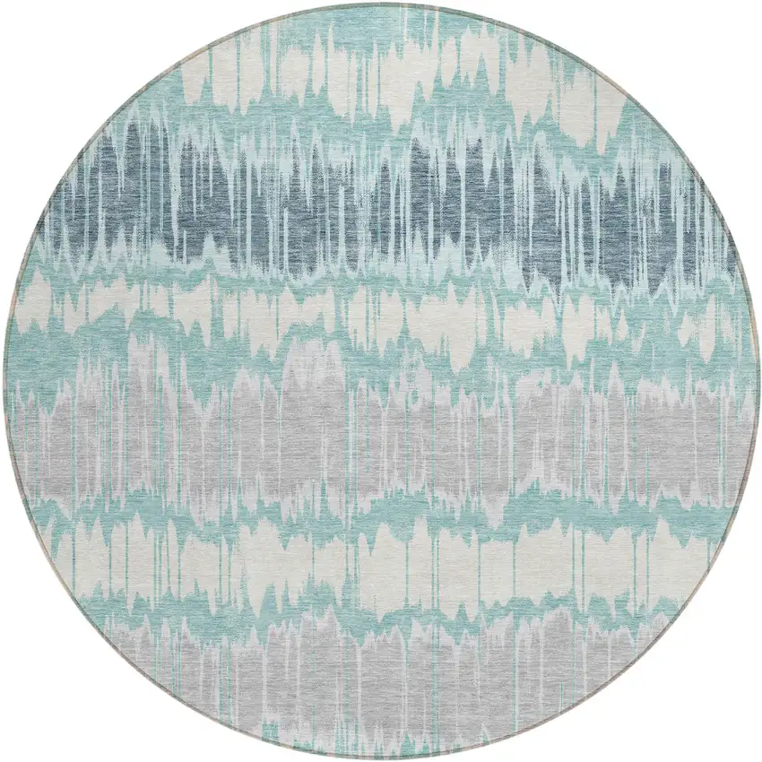 8' Teal Blue Aqua And Silver Round Striped Washable Indoor Outdoor Area Rug Photo 1