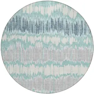 Photo of 8' Teal Blue Aqua And Silver Round Striped Washable Indoor Outdoor Area Rug