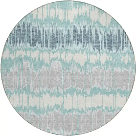 8' Teal Blue Aqua And Silver Round Striped Washable Indoor Outdoor Area Rug Photo 1