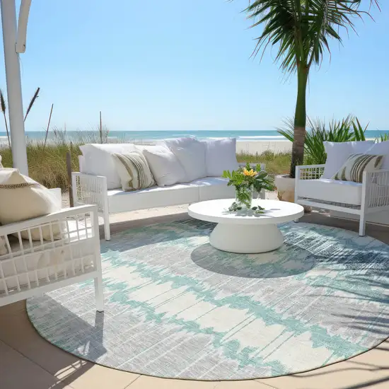 8' Teal Blue Aqua And Silver Round Striped Washable Indoor Outdoor Area Rug Photo 5