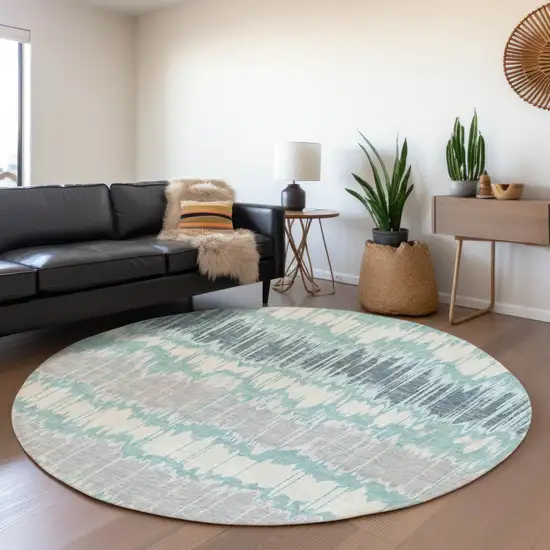 8' Teal Blue Aqua And Silver Round Striped Washable Indoor Outdoor Area Rug Photo 6