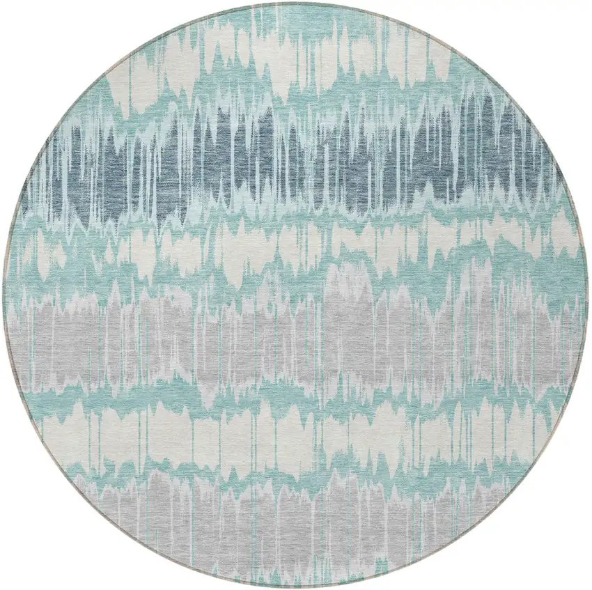 8' Teal Blue Aqua And Silver Round Striped Washable Indoor Outdoor Area Rug Photo 5