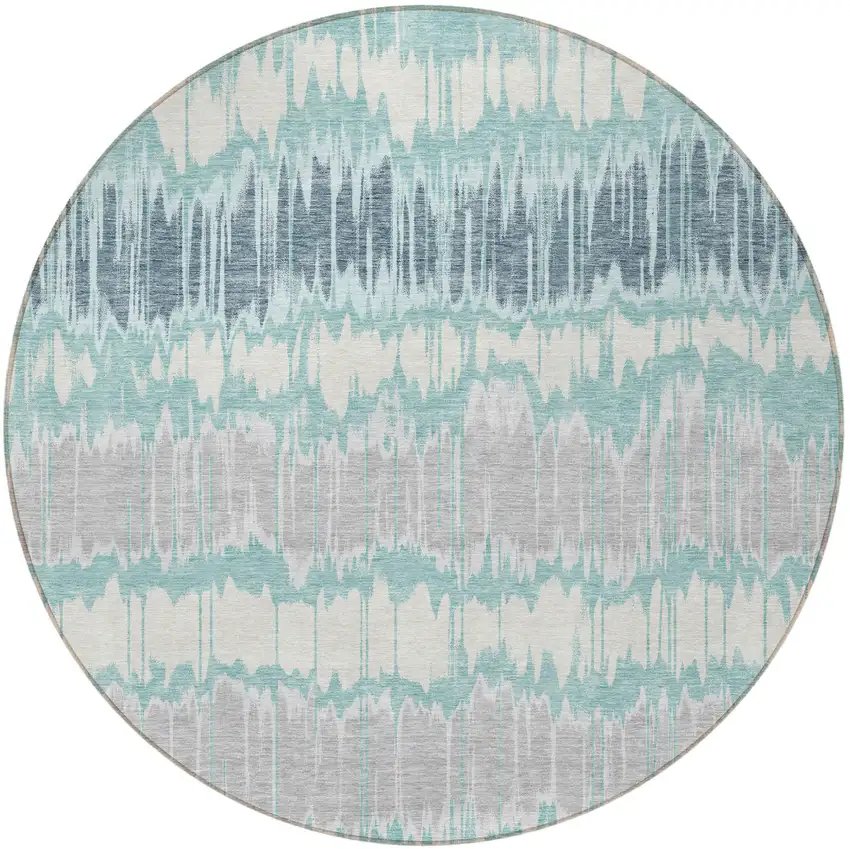 8' Teal Blue Aqua And Silver Round Striped Washable Indoor Outdoor Area Rug Photo 5