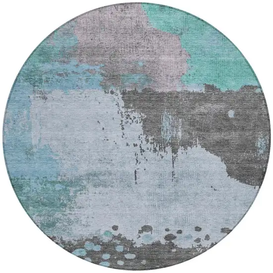 8' Teal Blue Aqua And Taupe Round Abstract Washable Indoor Outdoor Area Rug Photo 3