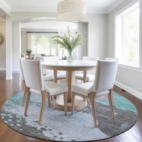 8' Teal Blue Aqua And Taupe Round Abstract Washable Indoor Outdoor Area Rug Photo 6