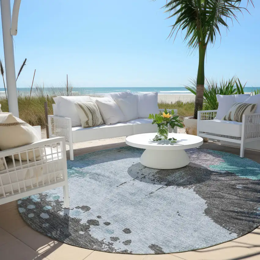 8' Teal Blue Aqua And Taupe Round Abstract Washable Indoor Outdoor Area Rug Photo 5