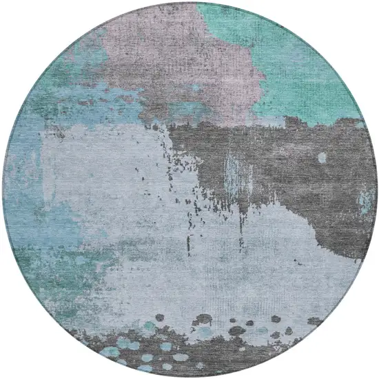 8' Teal Blue Aqua And Taupe Round Abstract Washable Indoor Outdoor Area Rug Photo 1
