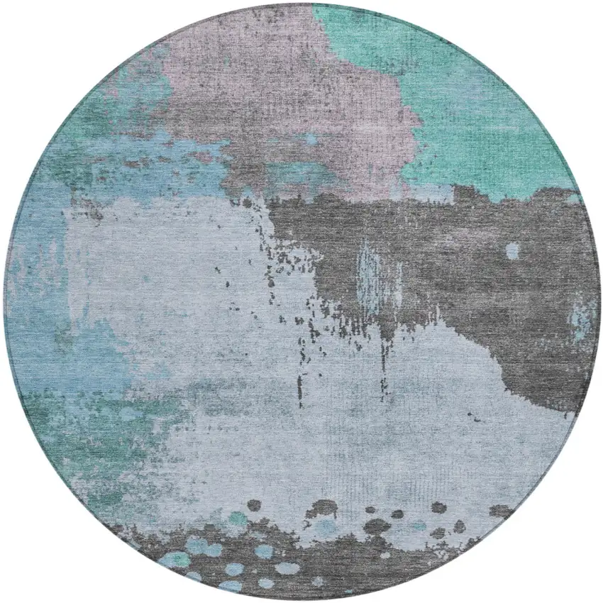 8' Teal Blue Aqua And Taupe Round Abstract Washable Indoor Outdoor Area Rug Photo 1