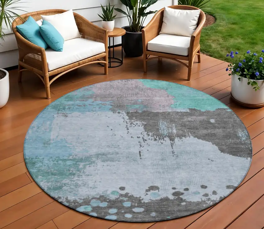8' Teal Blue Aqua And Taupe Round Abstract Washable Indoor Outdoor Area Rug Photo 2