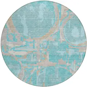 Photo of 8' Teal Blue Aqua And Taupe Round Geometric Washable Indoor Outdoor Area Rug
