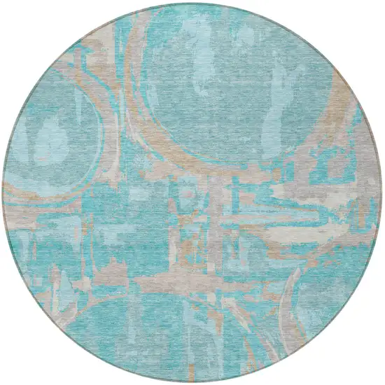 8' Teal Blue Aqua And Taupe Round Geometric Washable Indoor Outdoor Area Rug Photo 3