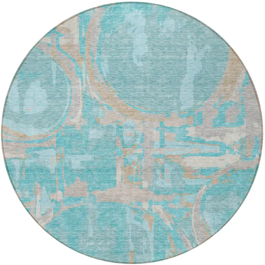 8' Teal Blue Aqua And Taupe Round Geometric Washable Indoor Outdoor Area Rug Photo 3