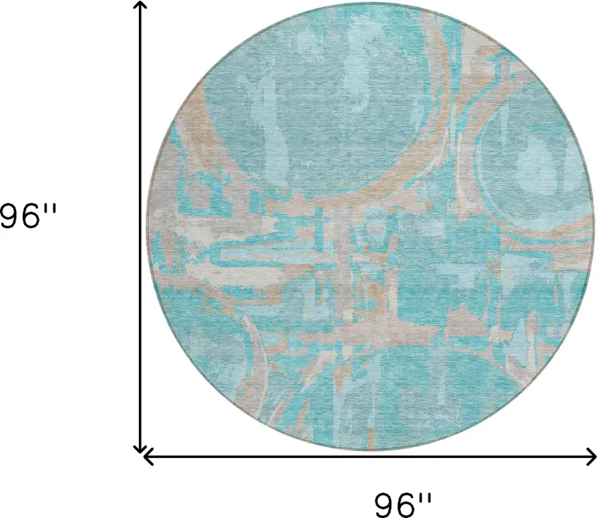 8' Teal Blue Aqua And Taupe Round Geometric Washable Indoor Outdoor Area Rug Photo 9