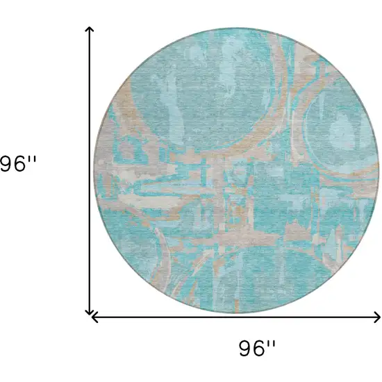 8' Teal Blue Aqua And Taupe Round Geometric Washable Indoor Outdoor Area Rug Photo 9