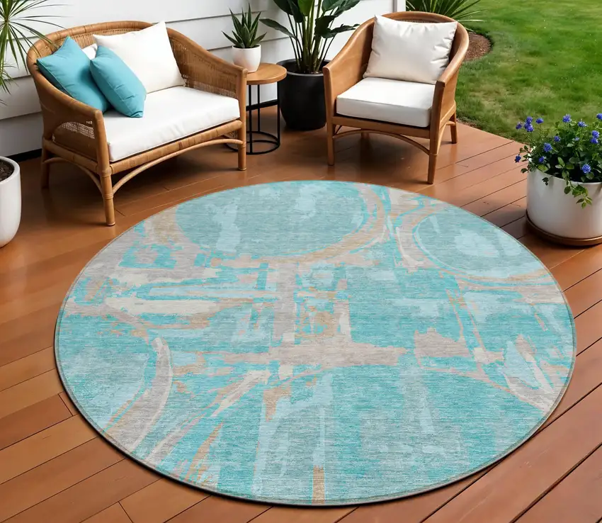8' Teal Blue Aqua And Taupe Round Geometric Washable Indoor Outdoor Area Rug Photo 2