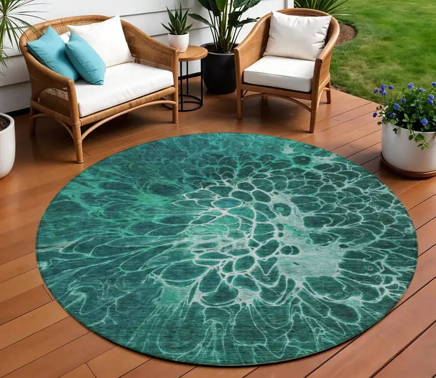 8' Teal Blue Aqua And Turquoise Round Abstract Washable Indoor Outdoor Area Rug Photo 1