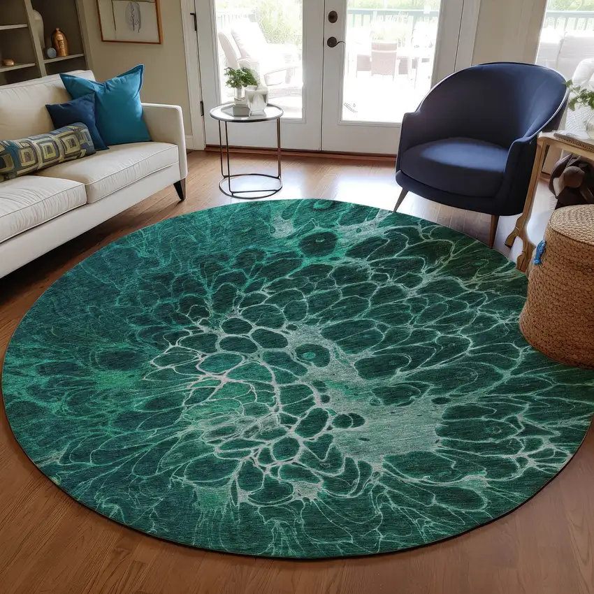 8' Teal Blue Aqua And Turquoise Round Abstract Washable Indoor Outdoor Area Rug Photo 7
