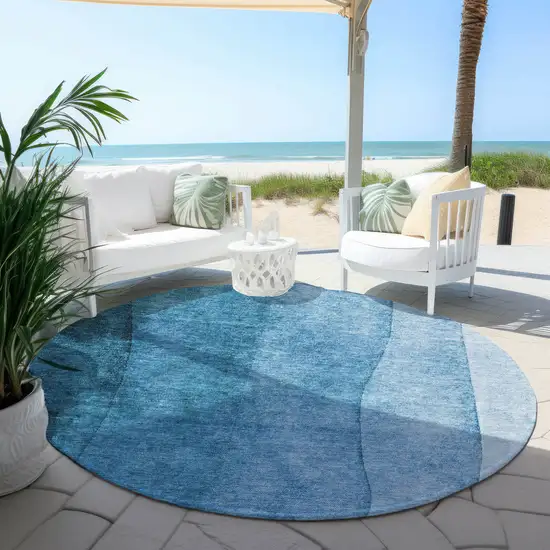 8' Teal Blue Aqua And Turquoise Round Ombre Washable Indoor Outdoor Area Rug Photo 5