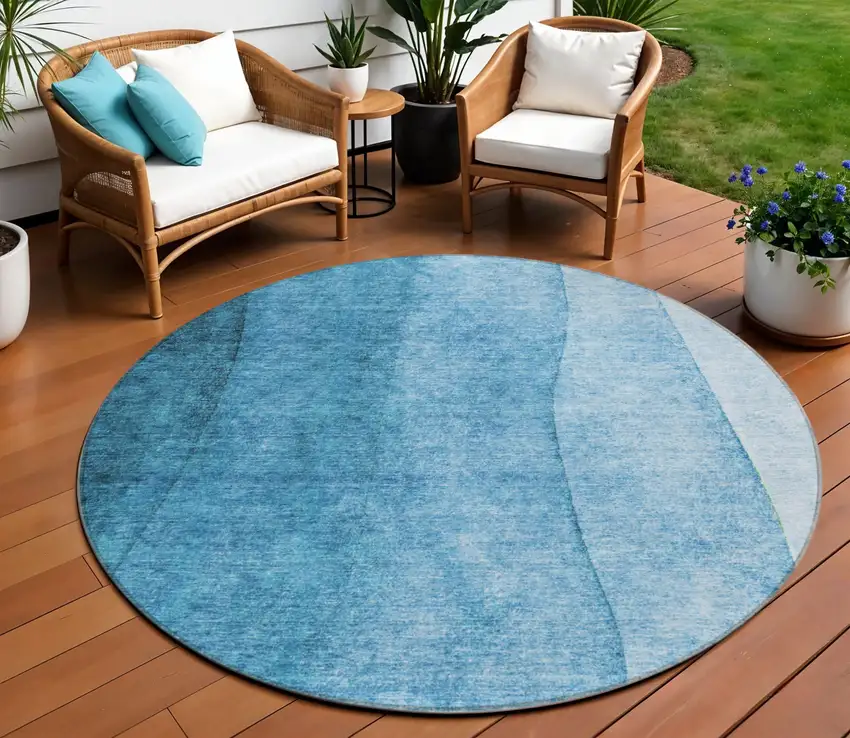 8' Teal Blue Aqua And Turquoise Round Ombre Washable Indoor Outdoor Area Rug Photo 1