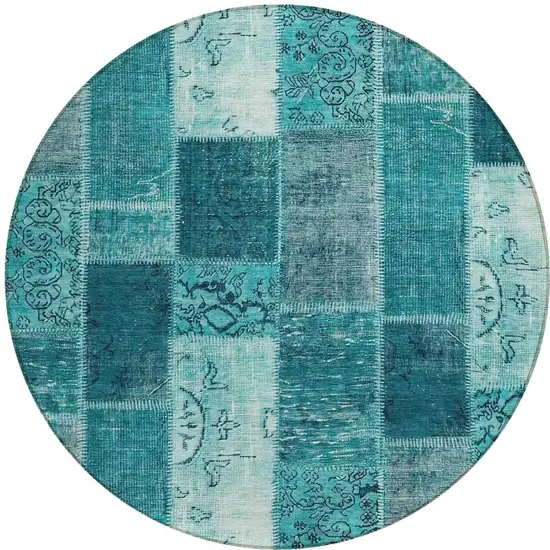 8' Teal Blue Aqua And Turquoise Round Patchwork Washable Indoor Outdoor Area Rug Photo 5