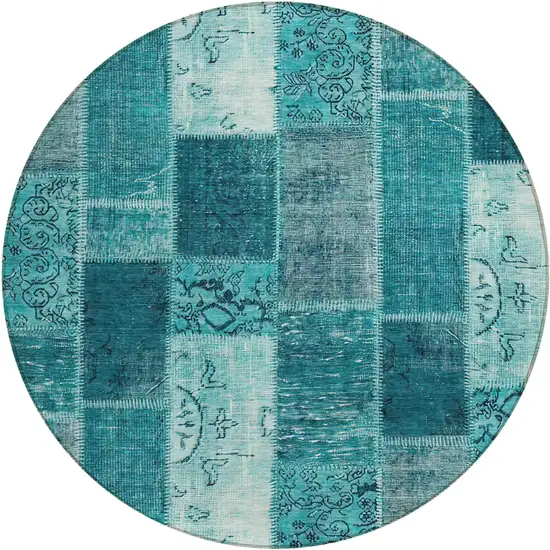 8' Teal Blue Aqua And Turquoise Round Patchwork Washable Indoor Outdoor Area Rug Photo 1