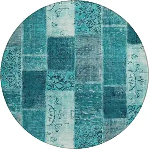 Photo of 8' Teal Blue Aqua And Turquoise Round Patchwork Washable Indoor Outdoor Area Rug