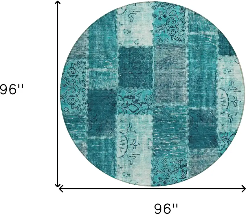 8' Teal Blue Aqua And Turquoise Round Patchwork Washable Indoor Outdoor Area Rug Photo 8