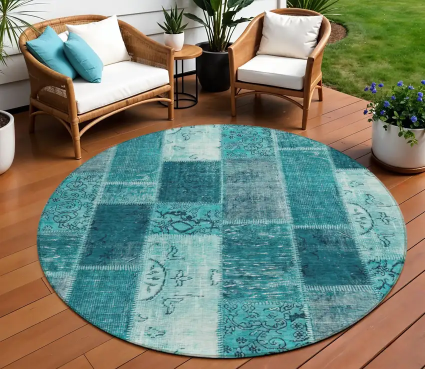 8' Teal Blue Aqua And Turquoise Round Patchwork Washable Indoor Outdoor Area Rug Photo 1
