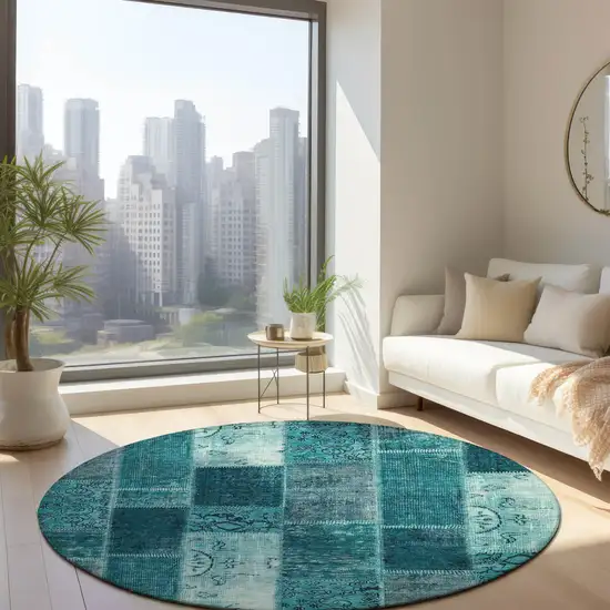 8' Teal Blue Aqua And Turquoise Round Patchwork Washable Indoor Outdoor Area Rug Photo 7