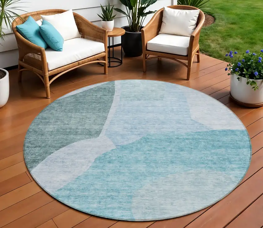 8' Teal Blue Artichoke Green And Blue Round Abstract Washable Indoor Outdoor Area Rug Photo 1