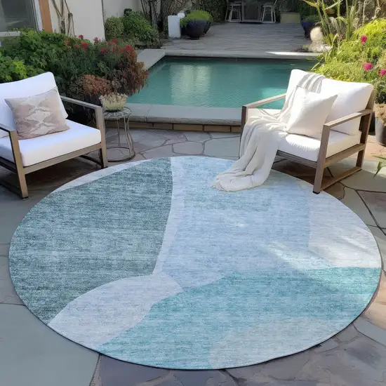 8' Teal Blue Artichoke Green And Blue Round Abstract Washable Indoor Outdoor Area Rug Photo 7