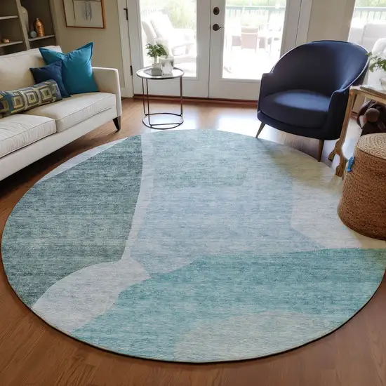 8' Teal Blue Artichoke Green And Blue Round Abstract Washable Indoor Outdoor Area Rug Photo 8