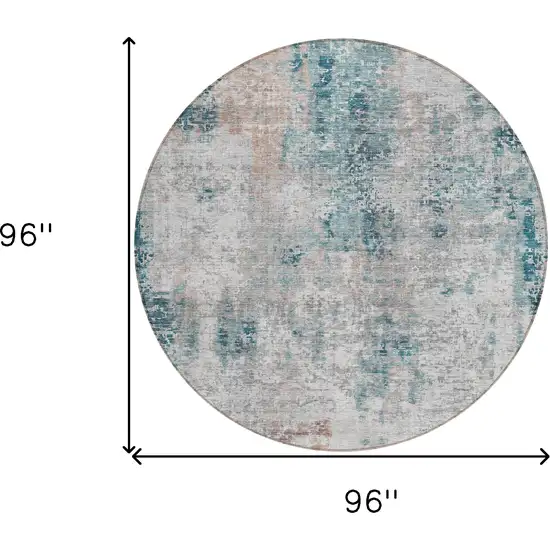 8' Teal Blue Beige And Copper Round Abstract Washable Indoor Outdoor Area Rug Photo 3