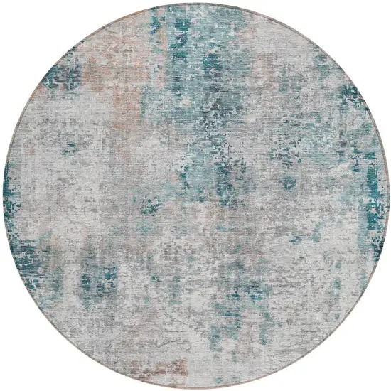 8' Teal Blue Beige And Copper Round Abstract Washable Indoor Outdoor Area Rug Photo 2
