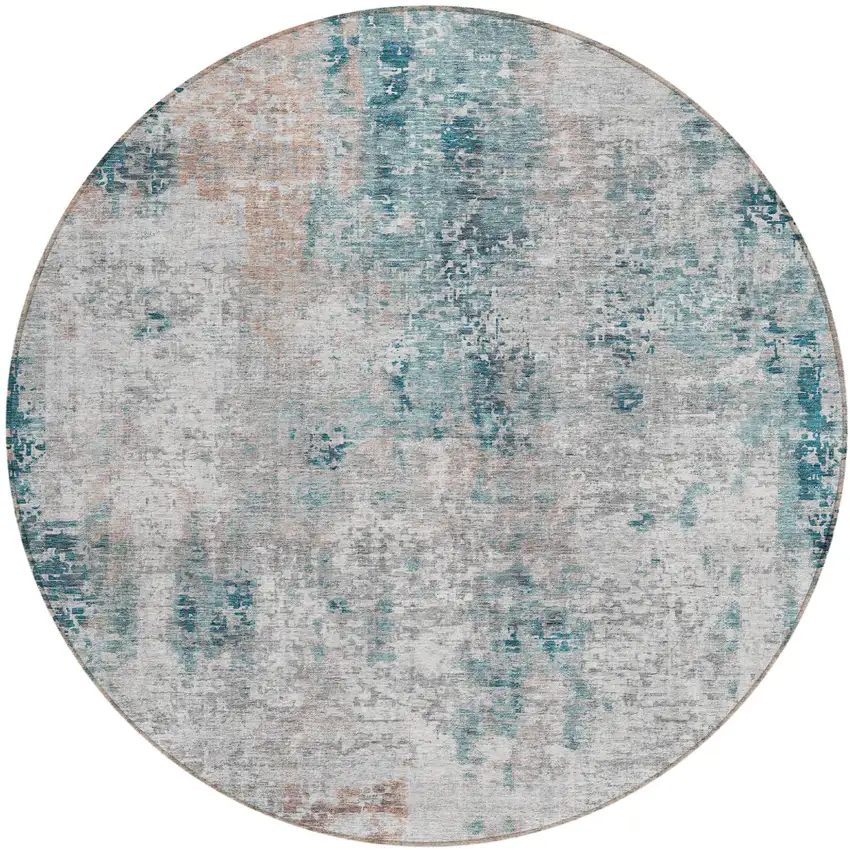 8' Teal Blue Beige And Copper Round Abstract Washable Indoor Outdoor Area Rug Photo 2