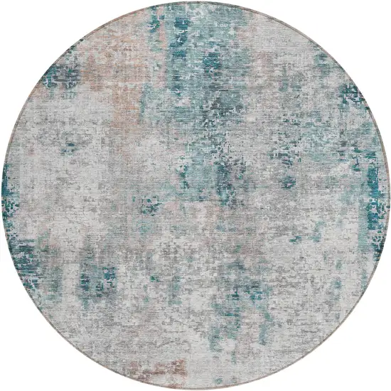 8' Teal Blue Beige And Copper Round Abstract Washable Indoor Outdoor Area Rug Photo 2