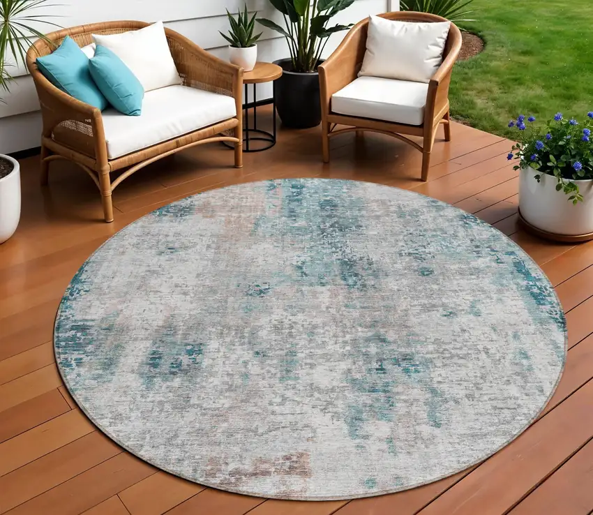 8' Teal Blue Beige And Copper Round Abstract Washable Indoor Outdoor Area Rug Photo 1