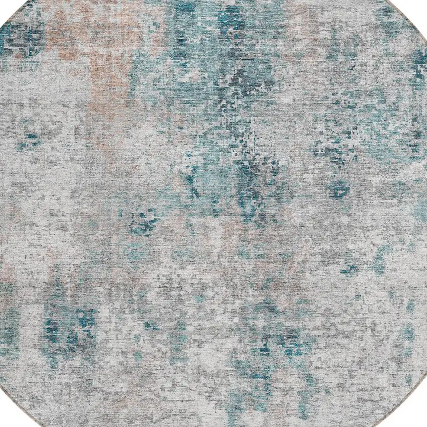 8' Teal Blue Beige And Copper Round Abstract Washable Indoor Outdoor Area Rug Photo 4