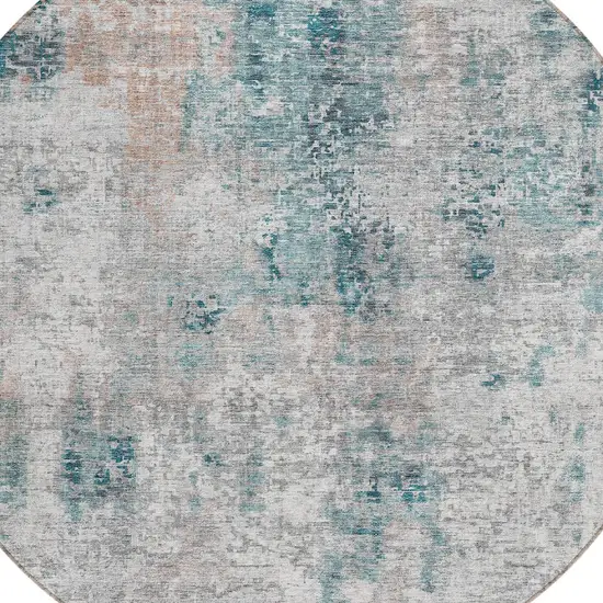 8' Teal Blue Beige And Copper Round Abstract Washable Indoor Outdoor Area Rug Photo 4