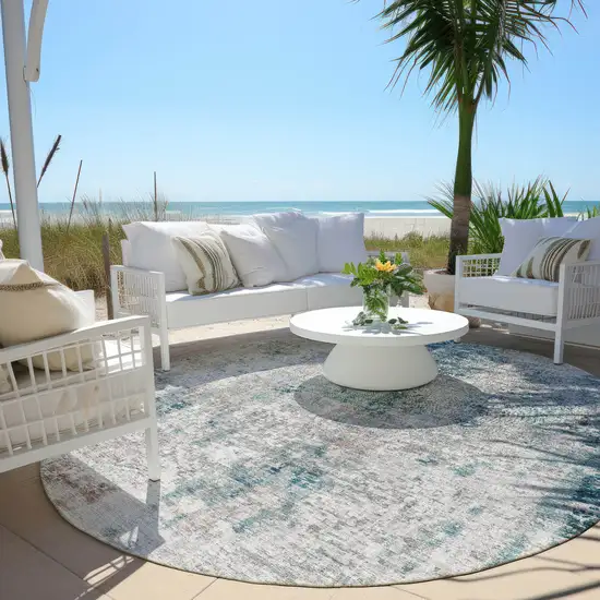8' Teal Blue Beige And Copper Round Abstract Washable Indoor Outdoor Area Rug Photo 6