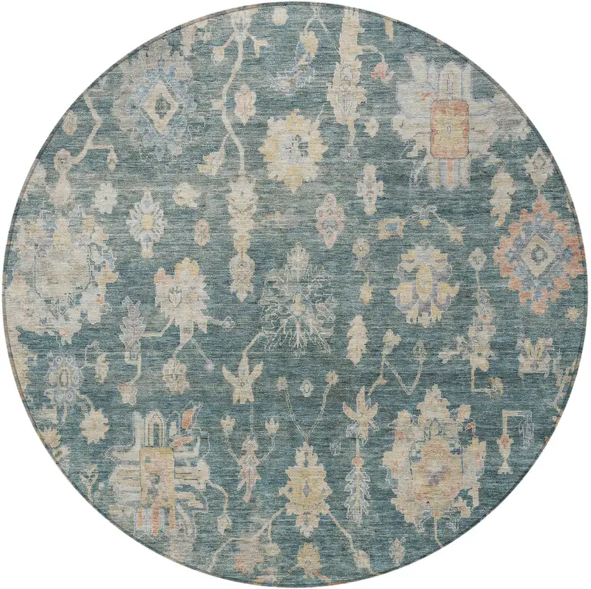 8' Teal Blue Beige And Gold Round Floral Washable Indoor Outdoor Area Rug Photo 3