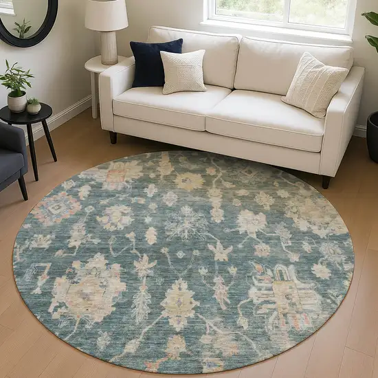 8' Teal Blue Beige And Gold Round Floral Washable Indoor Outdoor Area Rug Photo 5