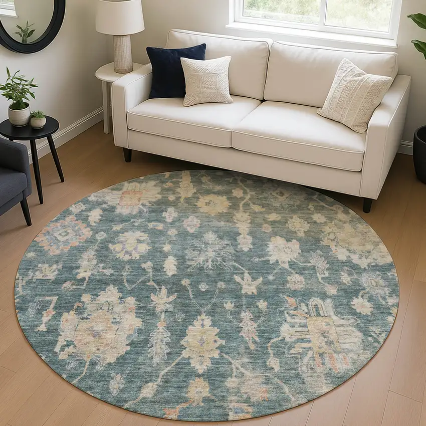 8' Teal Blue Beige And Gold Round Floral Washable Indoor Outdoor Area Rug Photo 5