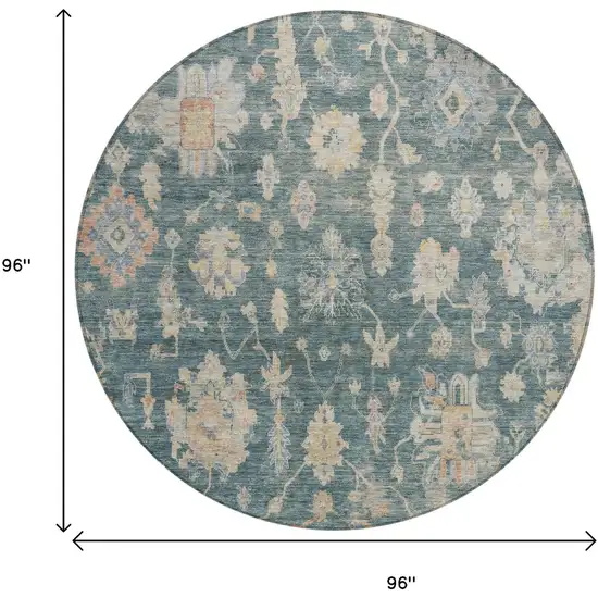 8' Teal Blue Beige And Gold Round Floral Washable Indoor Outdoor Area Rug Photo 3