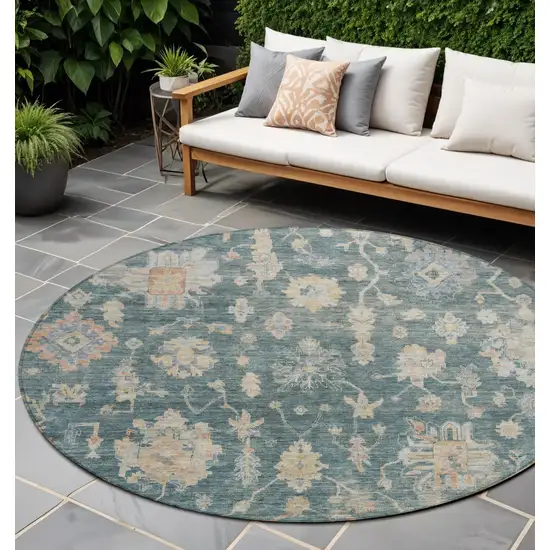 8' Teal Blue Beige And Gold Round Floral Washable Indoor Outdoor Area Rug Photo 1