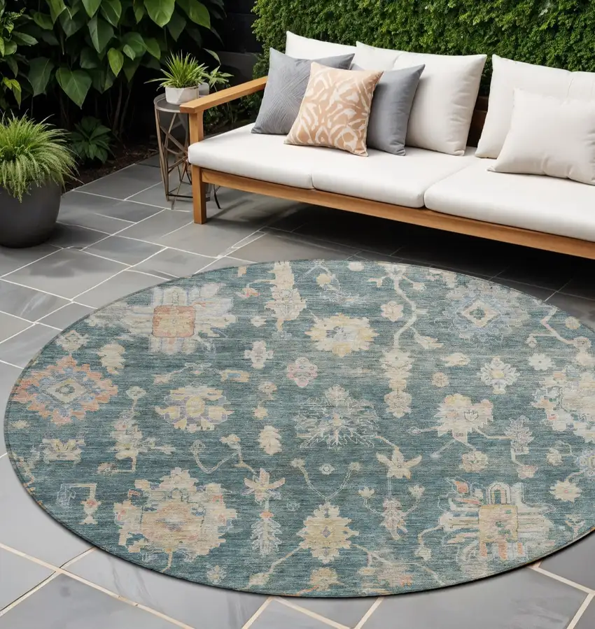 8' Teal Blue Beige And Gold Round Floral Washable Indoor Outdoor Area Rug Photo 1